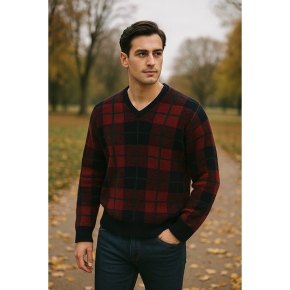 Polo Ralph Lauren 100% wool red‎ plaid V neck sweater size XL preppy holiday
